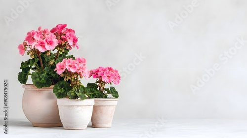 Beautiful Pink Geranium Flowers in Pots on a Light Background.