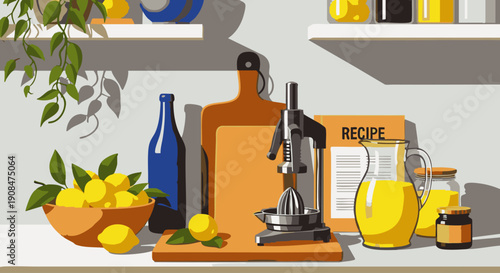 Flat of kitchen countertop with lemons juice press pitcher bottles and recipe