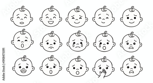 Twelve black and white baby face line expressions showing various emotions