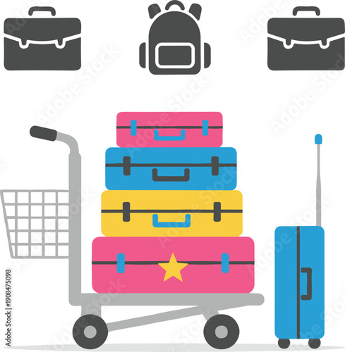 Travel luggage cart with stacked suitcases and baggage icons tourism transport vector illustration collection design elements