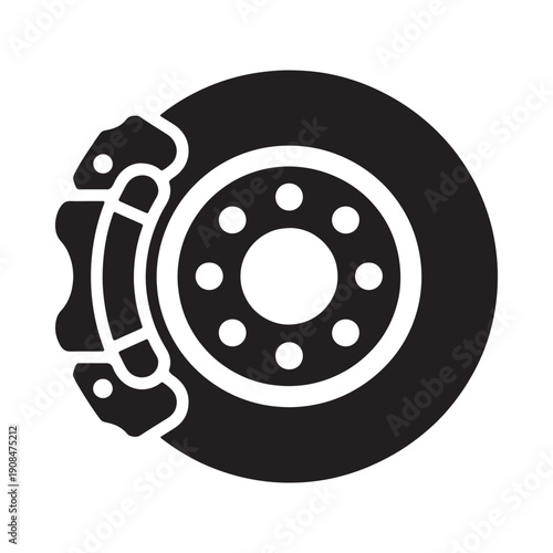 Black and white illustration of a car wheel with brake components