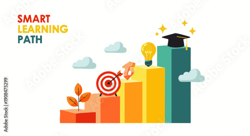 Staircase of colorful steps with target leaf light bulb and graduation cap representing smart learning path