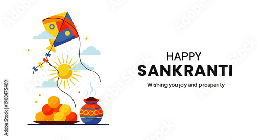 Colorful Sankranti celebration with kite flying bright sun fruits and clay pot