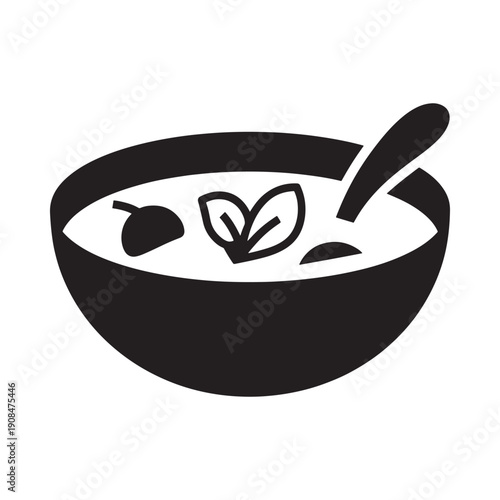 Simple black and white illustration of a bowl of soup with garnish