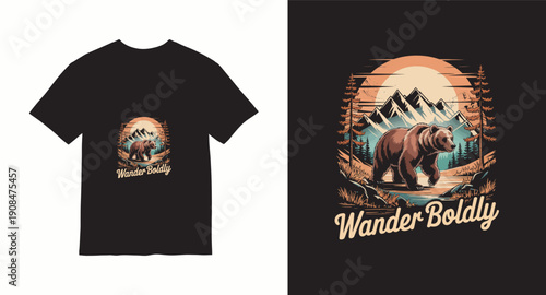 T-shirt graphic of bear walking in nature with mountains and sunset slogan wander boldly