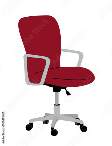 Flat vector illustration of a red office chair with grey armrests and five-star caster base, shown from angled side view. Minimalist modern design isolated on transparent background.