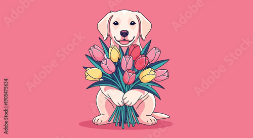 Golden retriever puppy holding a large bouquet of colorful tulips