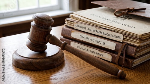 Gavel with corporate law taxation regulatory compliance books