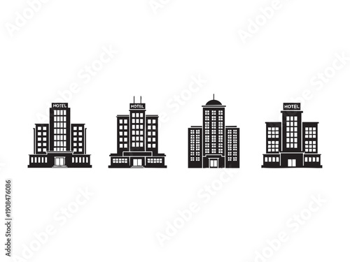 Hotel building silhouette vector icons collection set of four modern urban architecture