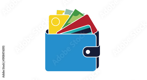A blue wallet containing multiple colorful credit cards and a circular object