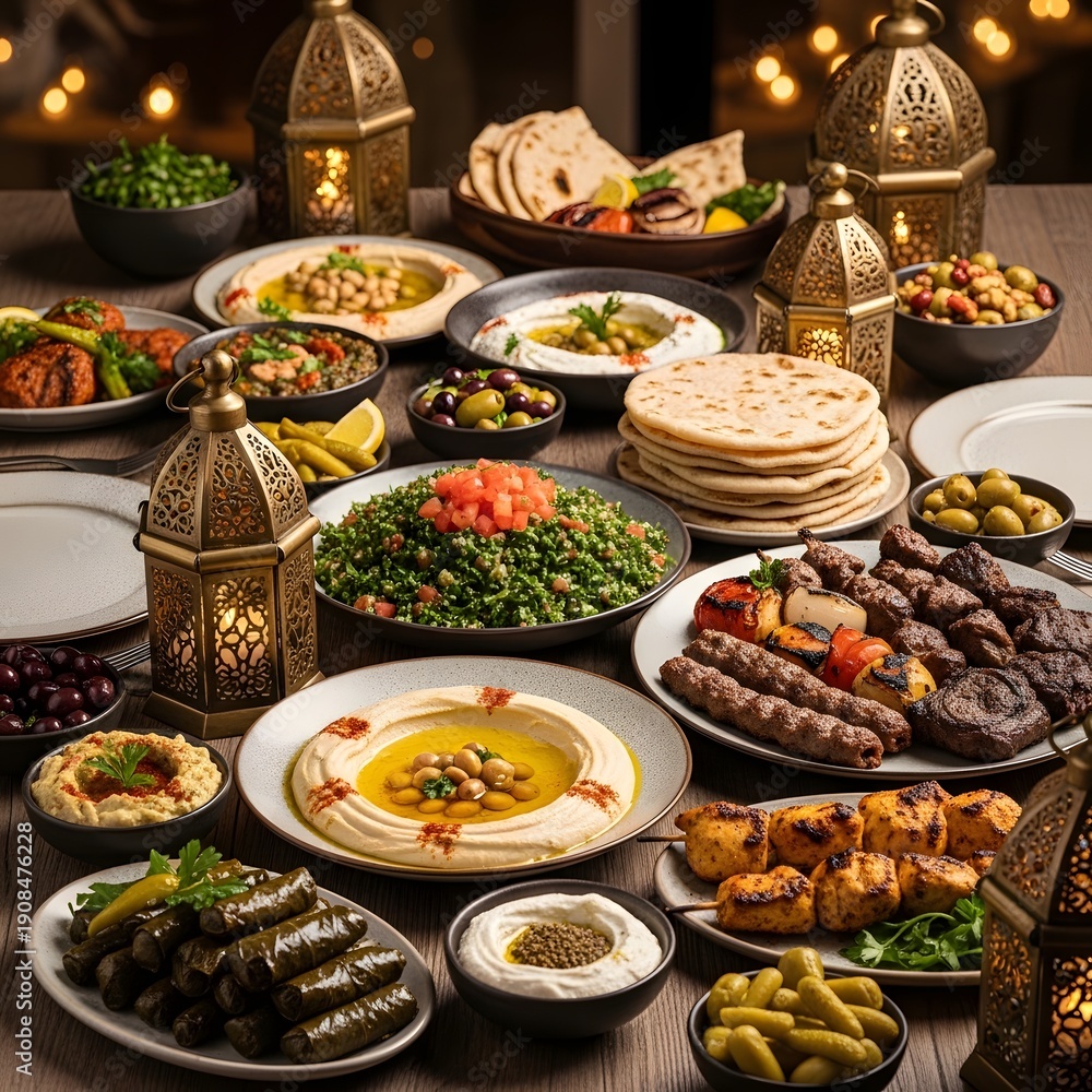 Obraz premium A lavish spread of traditional middle eastern and mediterranean dishes and sweets illustration