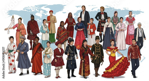 Diverse people in traditional clothing from around the world standing together