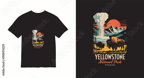 Yellowstone national park wyoming vintage travel poster design with bison and geyser landscape