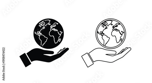 Two depictions of a hand holding the earth one solid black and one outlined