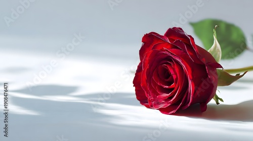 A Single Red Rose Lying on a White Surface with Shadows.