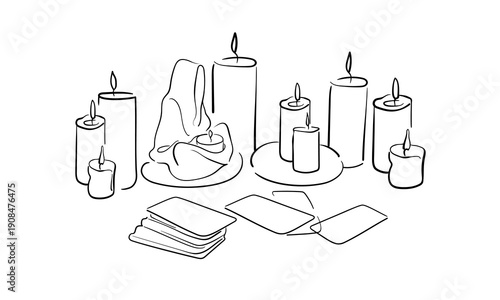 Burning candles, continious line drawing. Magic, esotericism, occultism, deck of tarot cards line art. Vector illustration