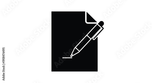 Simple black icon of a document with a writing pen on top