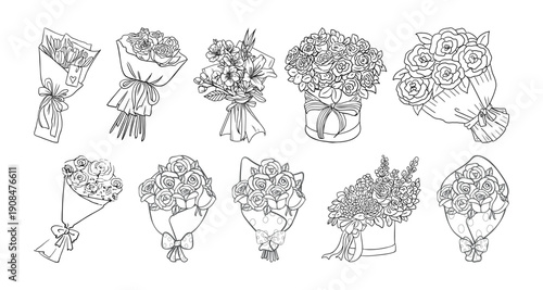 Flower Bouquet Vector – Hand Drawn Floral Arrangements – Black and White Outline Illustration Set for Wedding, Greeting Cards, Branding and Decorative Design