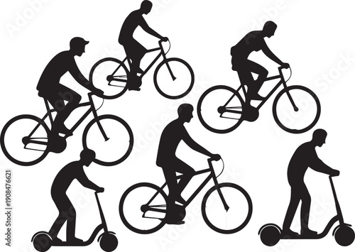 Silhouettes of people riding bicycles and scooters in black and white de