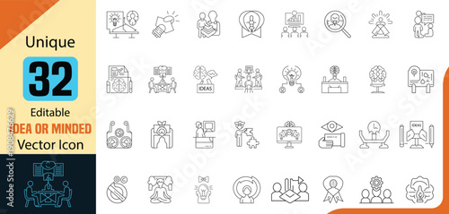 32 unique and editable line art vector icon collection of Idea or minded, brainstorming, creativity, brains, strategy notes, mind maps and more vector line art icon set