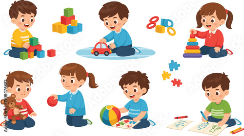 Cute Kids Playing and Learning Activities Set with Toys, Blocks, Drawing, Puzzles, and Educational Games Cartoon Vector Illustration Collection