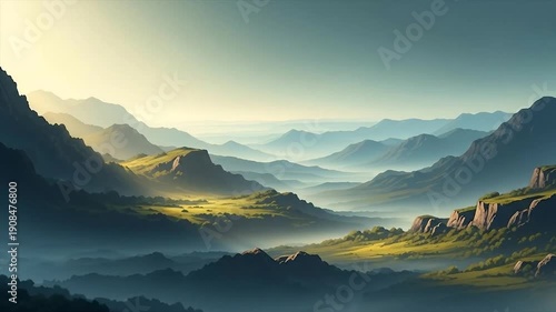 Serene Mountain Landscape at Sunrise with Foothills.