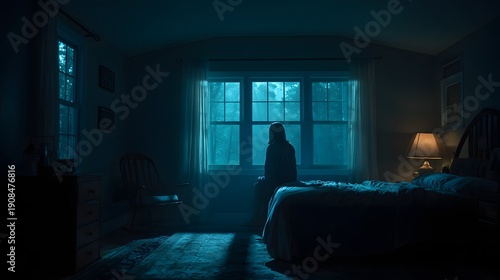 Silhouette of a person standing by a window in a dark bedroom at night.