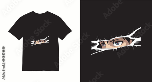 Anime boy eyes peeking from ripped paper, t-shirt design concept, manga style character