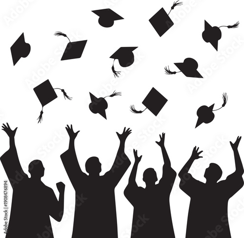 Silhouettes of people celebrating with flying graduation caps in black and white celebration