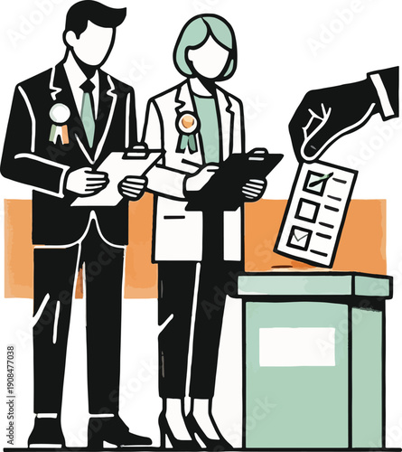 Election officials overseeing a ballot box with a voter casting a vote