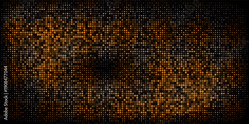 Gold halftone on black background. Vector golden glitter with dotted sparkles or halftone shine pattern texture Pop Art