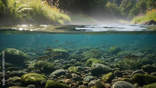 Underwater River Scene with Rocks and Vegetation.