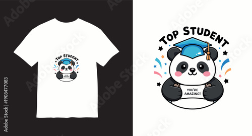 Top student panda wearing graduation cap and holding 'you're amazing' sign, t-shirt design
