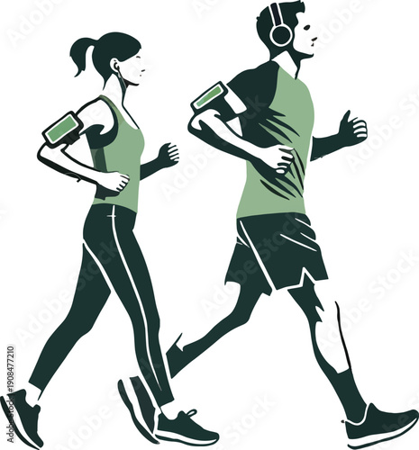 Couple jogging together with fitness trackers and headphones