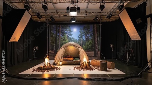 Camping Scene with Tent and Campfires in Studio.