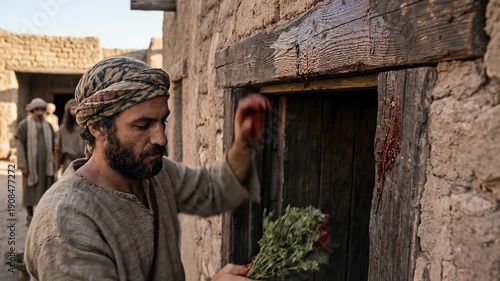 A bearded man in a turban marks the wooden door frame of a stone house with red blood using a bunch of hyssop herbs during the biblical Passover