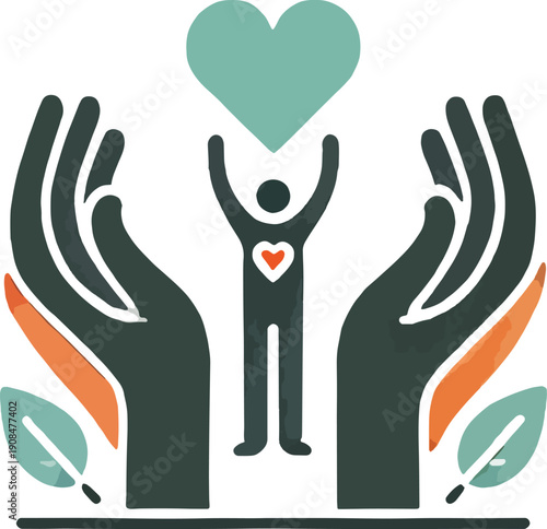 Hands holding a heart and person with leaves Keywords: hands, heart, person, love, care, support