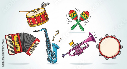 Colorful illustration of various musical instruments for party and celebration