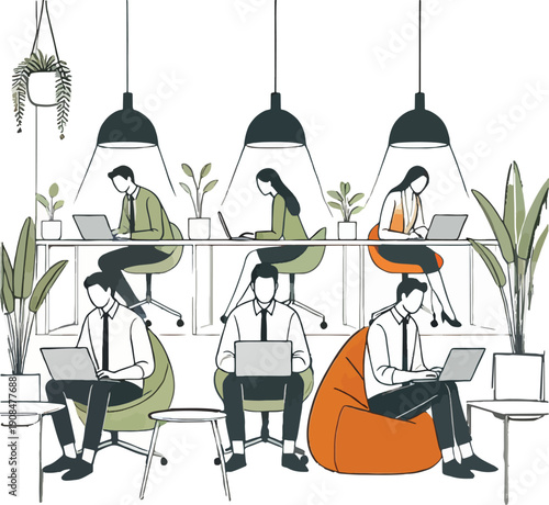 Modern Office Coworking Space with People Working on Laptops