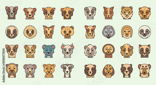 Collection of various cartoon-style animal faces including lions, bears, koalas, and dogs in a colorful and playful design.