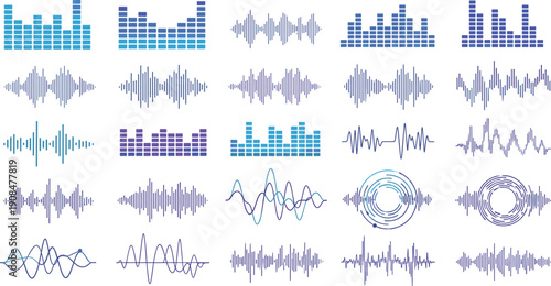 Audio Sound Waveform and Equalizer Visualization Set with Music Beats, Signal Frequencies, Podcast Voice Waves, and Digital Audio Elements Vector Illustration