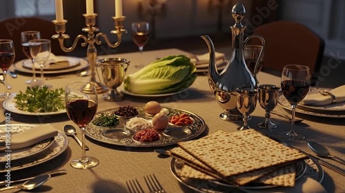 Passover Seder Table Setting with Traditional Foods.