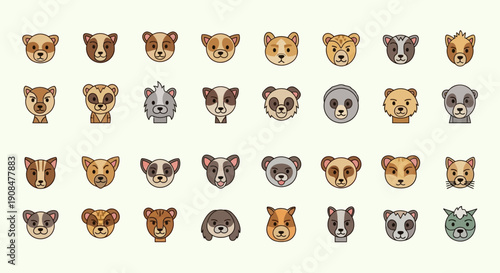 Collection of various cartoon wild animal faces with different expressions.