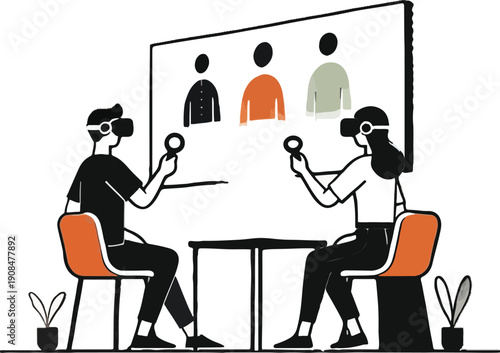 People in Virtual Reality headsets interacting with digital avatars