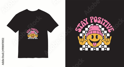 Stay positive smiley face wearing pink beanie on checkered background with marijuana leaves for apparel design