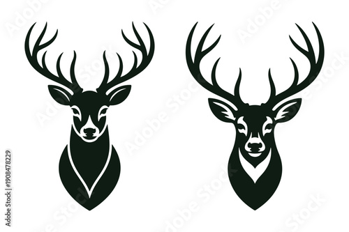 Confronting stags with large antlers facing each other in symmetrical black and white design Vector, illustration