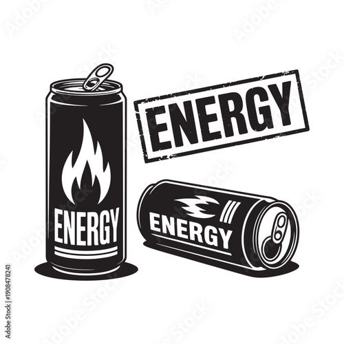 Energy drink cans and a battery illustration with a fiery design