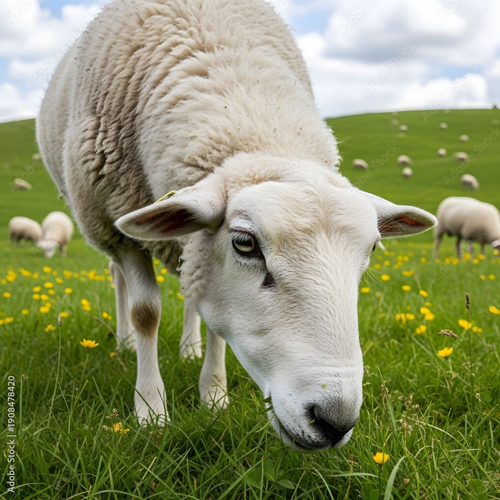 Obraz premium A serene sheep grazing in a vibrant meadow of wildflowers and grass illustration