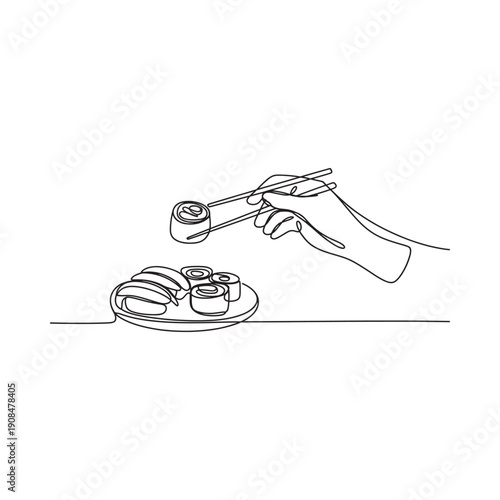 A minimalist line drawing depicts a hand using chopsticks to select sushi from a plate
