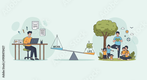 Work life balance concept showing man working at desk and family spending time outdoors.